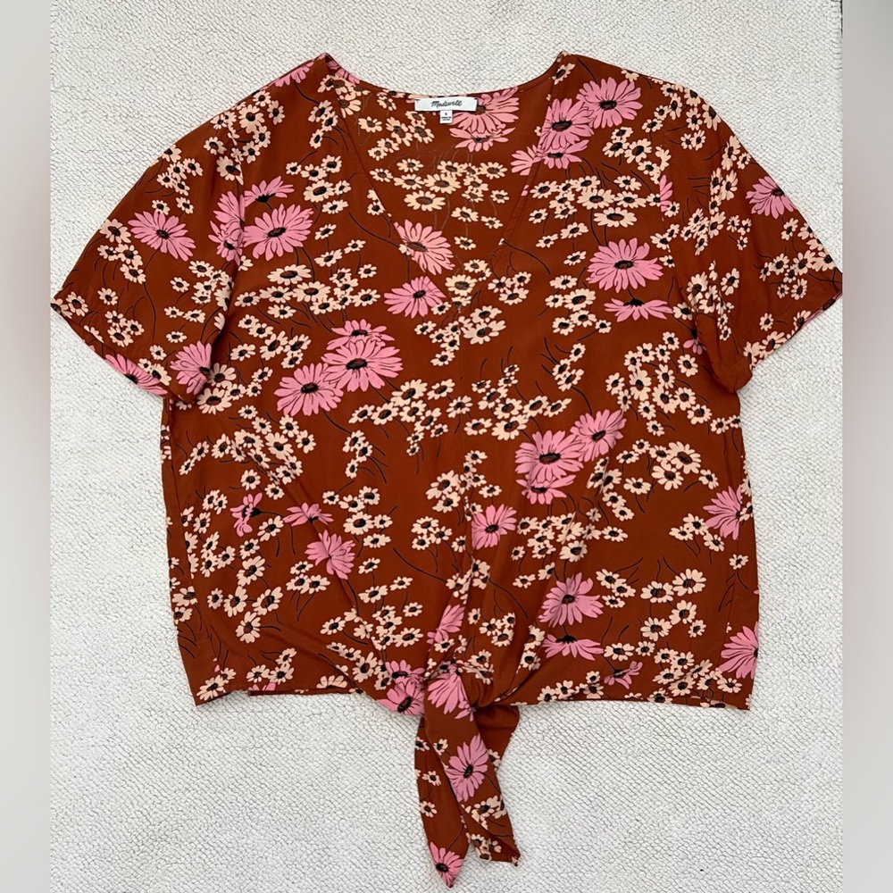 Madewell Novel Tie-Front Top in Hillside Daisies Multi Daisies Burnt Clay Size:S - Picture 15 of 15